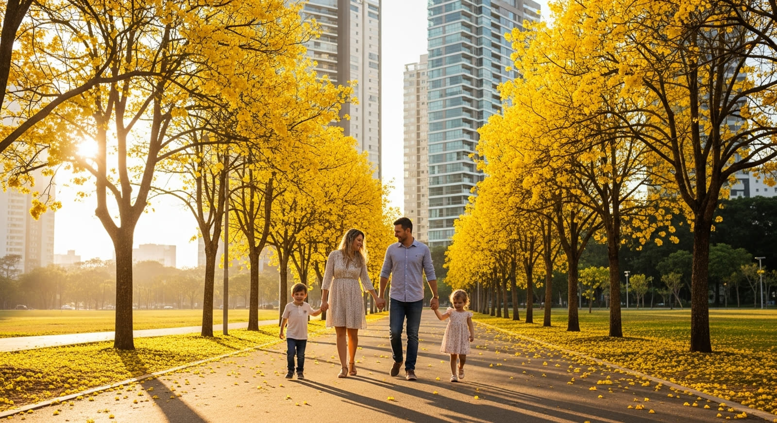Família caminhando no parque